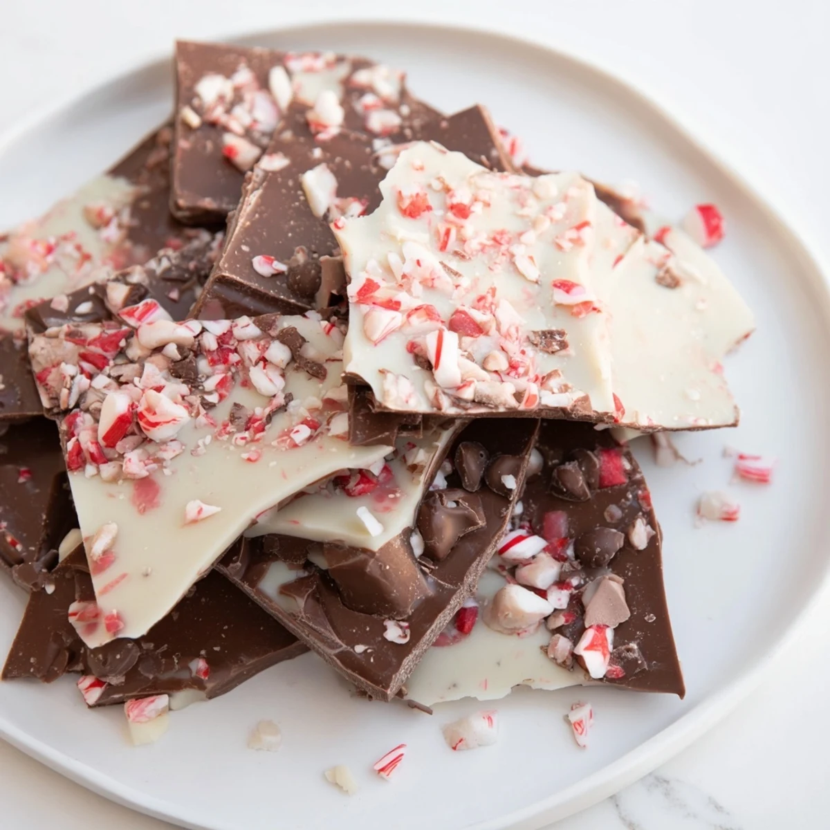 Peppermint Bark shards, a colorful dessert, scattered on a wooden board ready to be enjoyed.