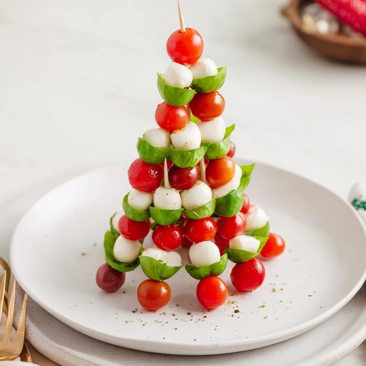 Bright and colorful Caprese Skewer Tree, showcasing mozzarella, tomatoes, and basil, perfect for serving.