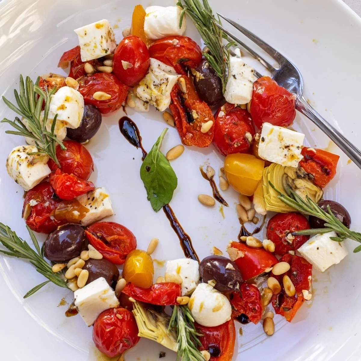 Vibrant Olive and Cherry Tomato Garland Board, bursting with fresh Mediterranean flavors, perfect for sharing.