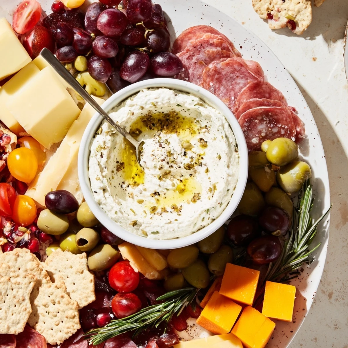 A festive evergreen wreath board overflowing with cheeses, meats, fresh fruits and nuts.
