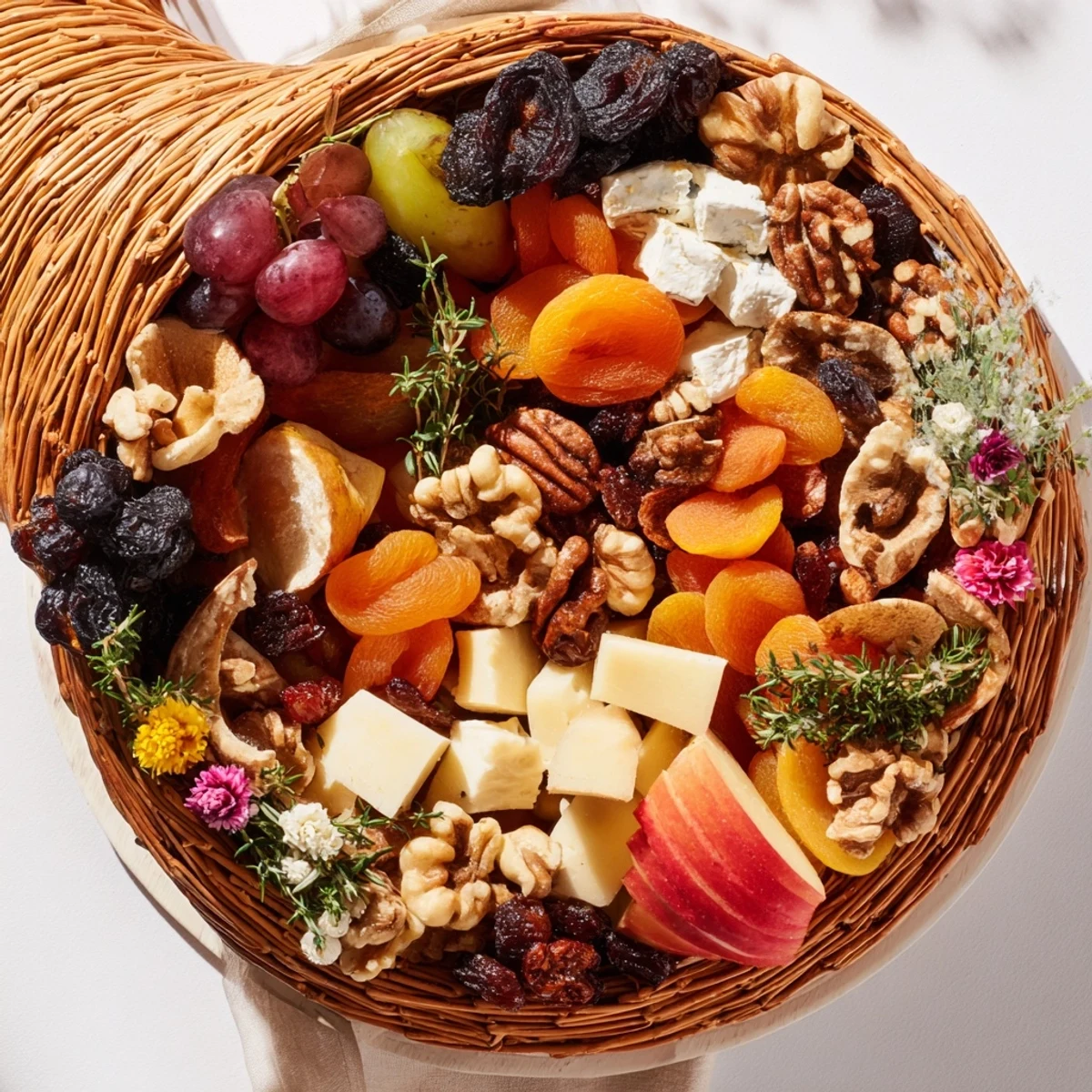 Vibrant image of an Autumn Harvest Horn of Plenty, perfect for a Thanksgiving centerpiece with crackers.