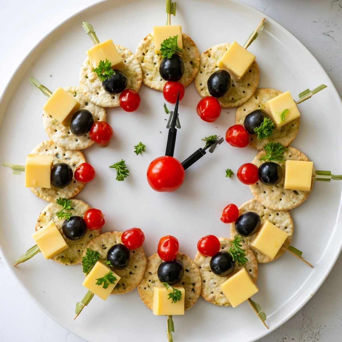 Festive New Years Clock Countdown appetizer featuring cheese and olives, perfect for your holiday party.