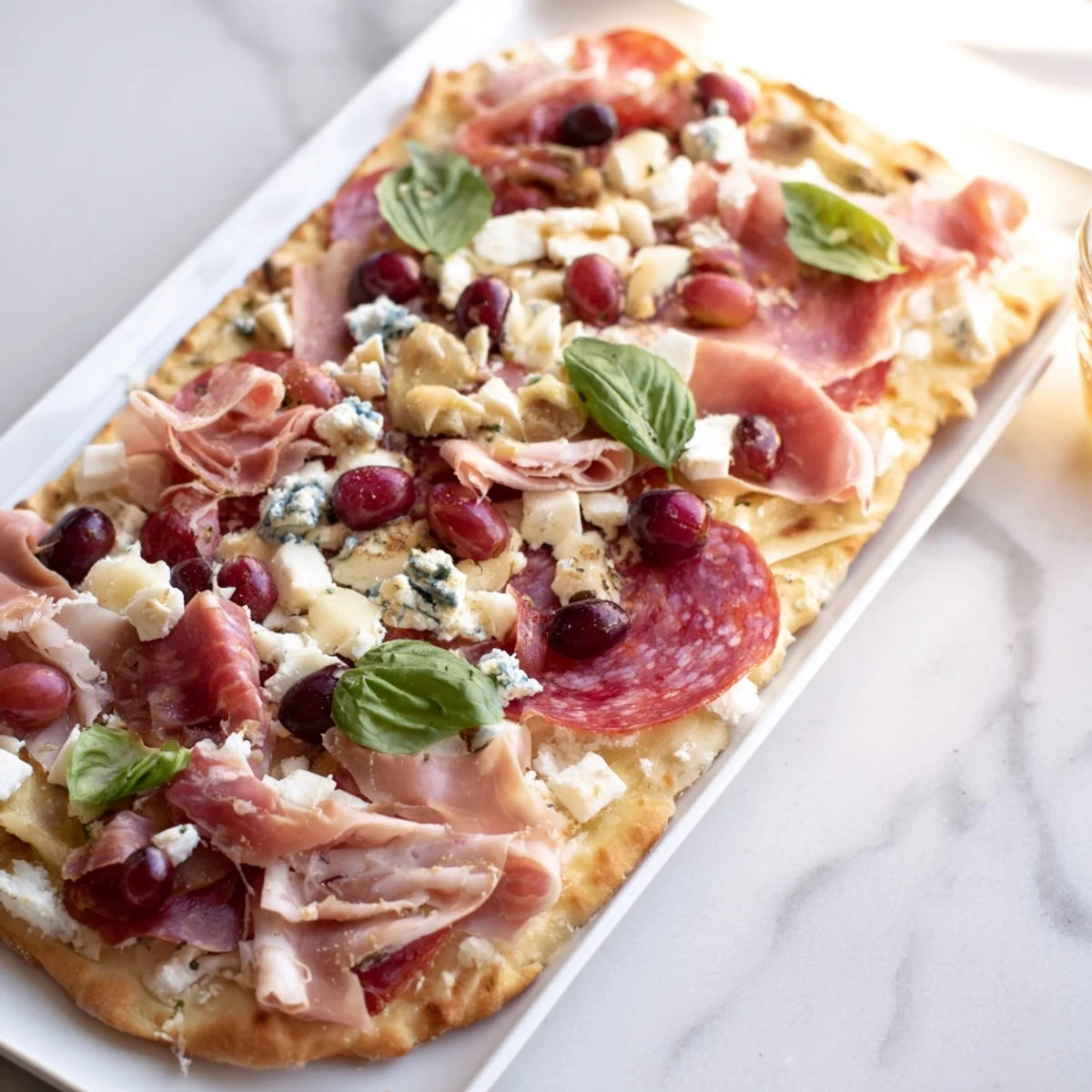 A shareable The Rustic Raft appetizer with artisan flatbread "rafts" loaded with meats and cheeses.