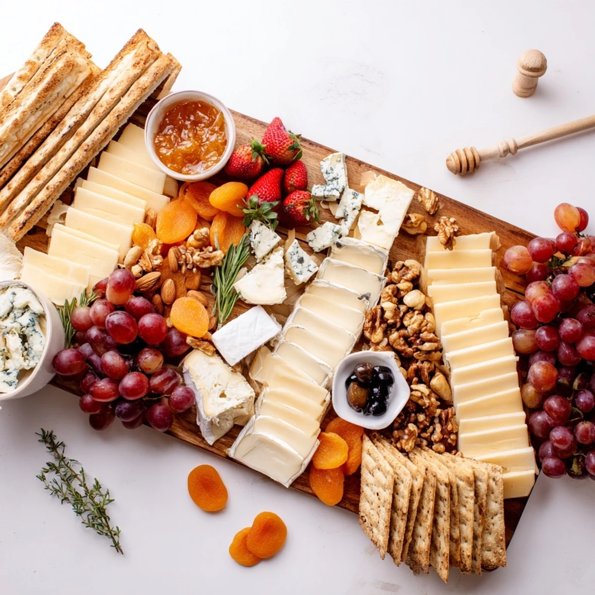 Artfully arranged, The Waterfall Edge Grazing Board features cheeses, fruits, and meats spilling off the edge.