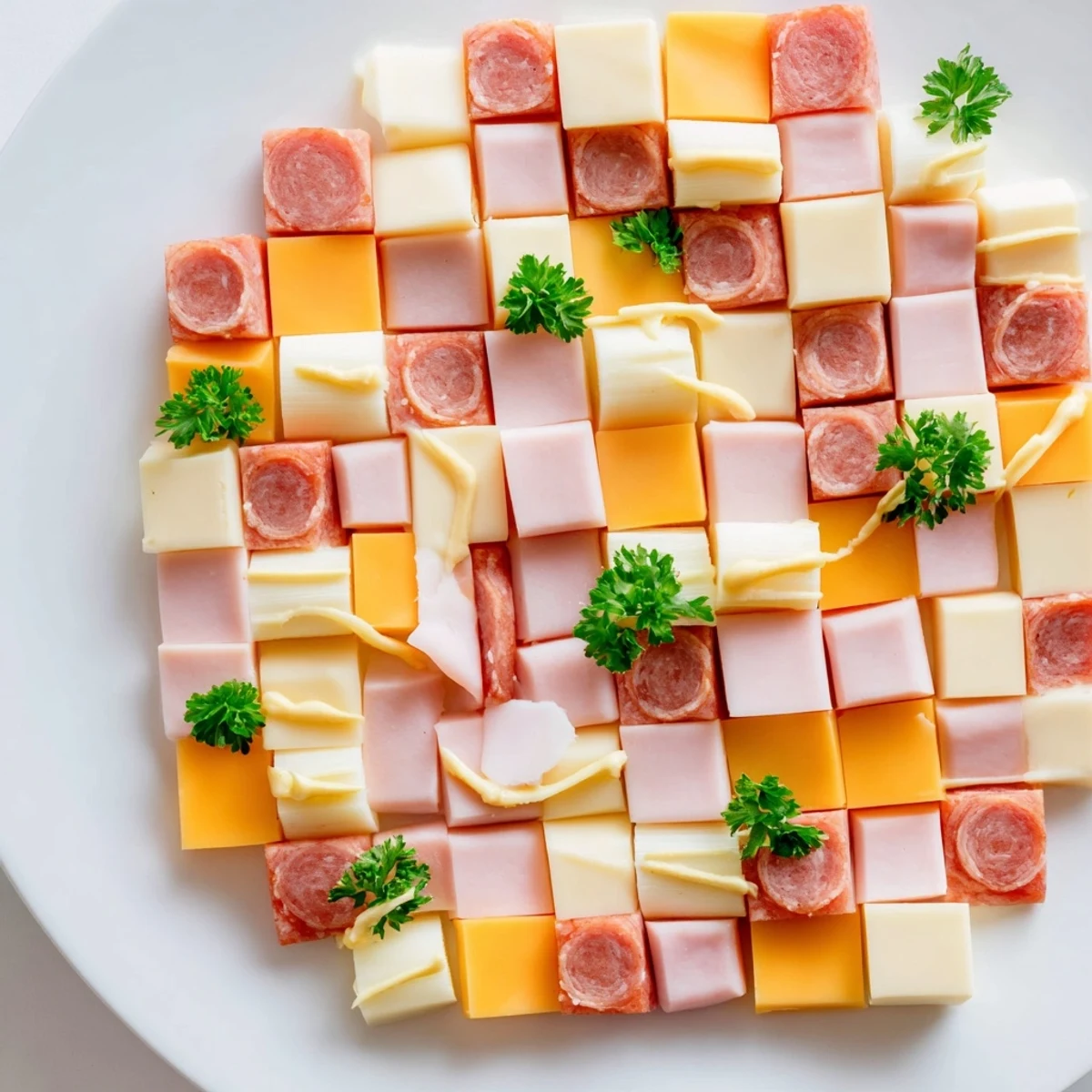 Artistic The Patchwork Quilt appetizer, a vibrant collage of meats and cheeses held together by mustard.