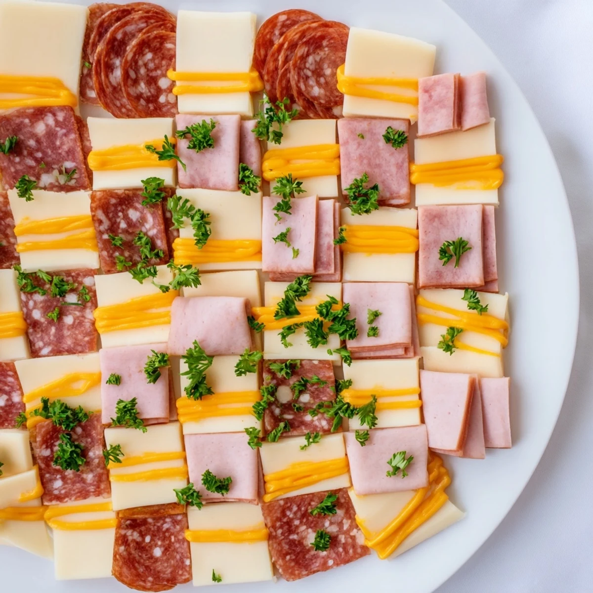 Colorful The Patchwork Quilt appetizer, showcasing deli meats and cheeses beautifully arranged with mustard.