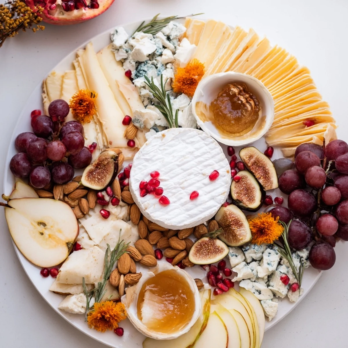 Gorgeous Star of Bethlehem cheese platter featuring artisanal cheeses, fruit, and almonds ready to eat.