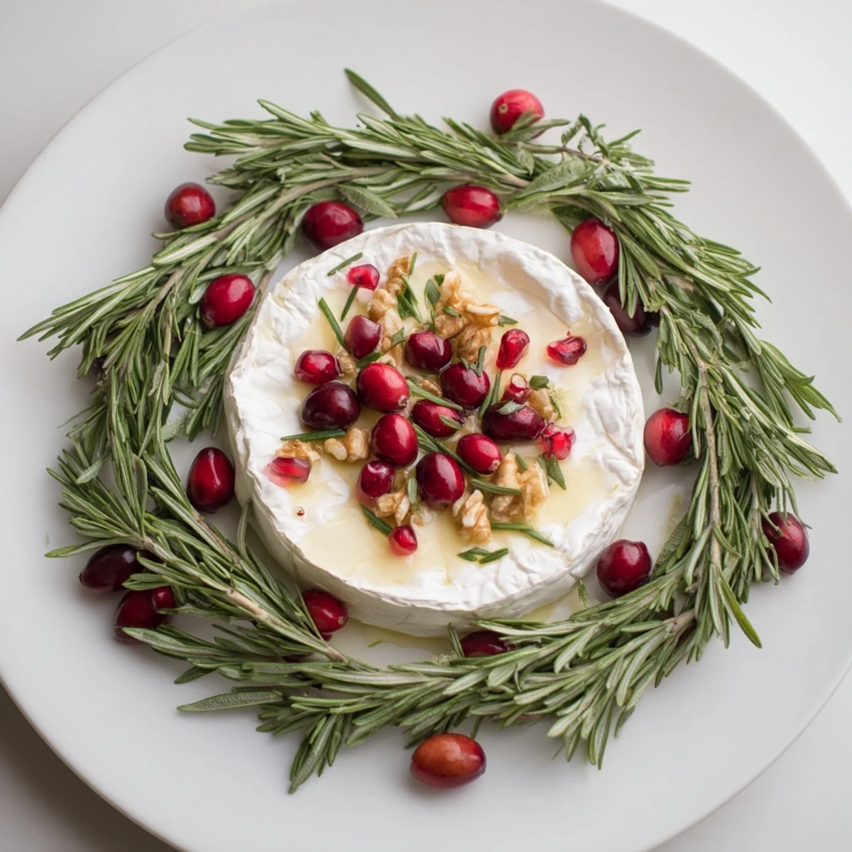Creamy Brie Cheese Wheel with Rosemary Wreath, ready to serve with crackers, smells wonderfully herbal.