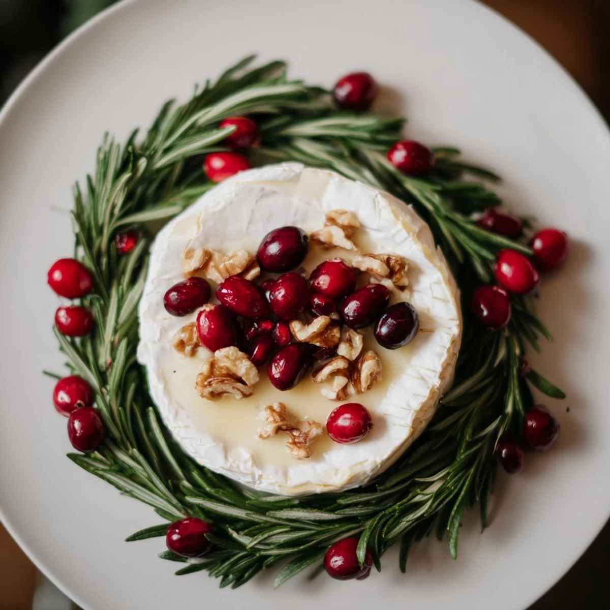 Picture a Brie Cheese Wheel with Rosemary Wreath, a simple appetizer perfect for any gathering.
