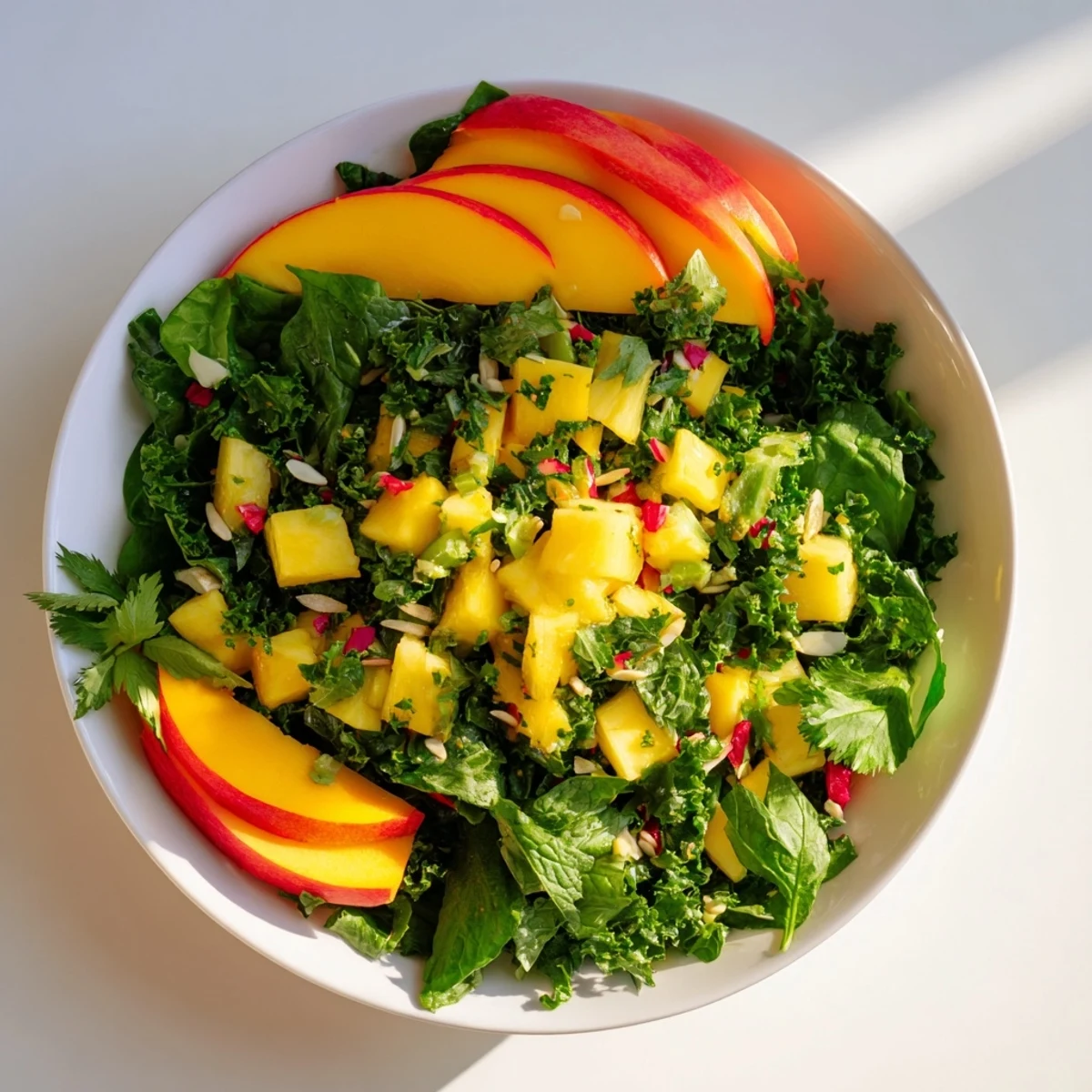 The Sunlit Glade salad, a vibrant photo shows fresh fruit on a bed of greens, ready to eat.