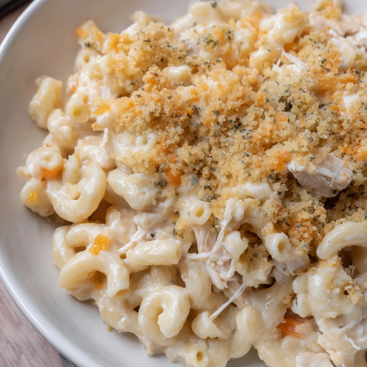 A close-up of a steaming bowl of Struggle Meal Chicken Macaroni; a classic comfort food made easy.