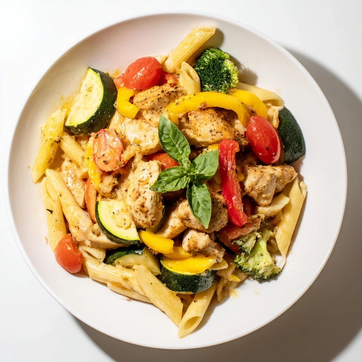Steaming bowl of 5-4-3-2-1 Pasta Primavera, featuring colorful veggies and tender chicken in a creamy sauce.
