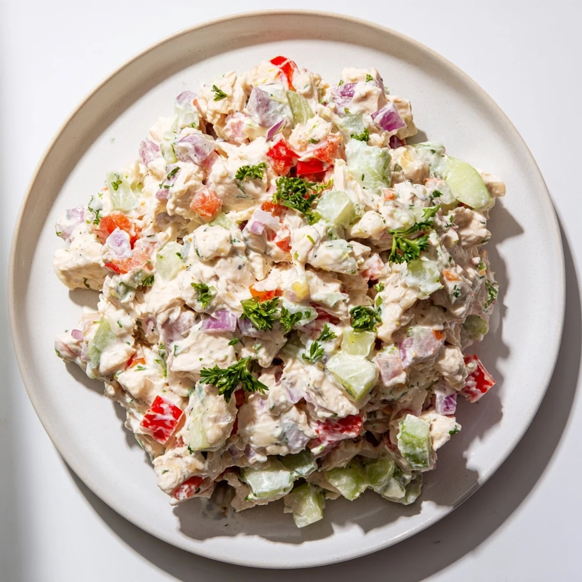 Creamy canned chicken salad with Mrs. Dash, celery, and red pepper, ready to serve.