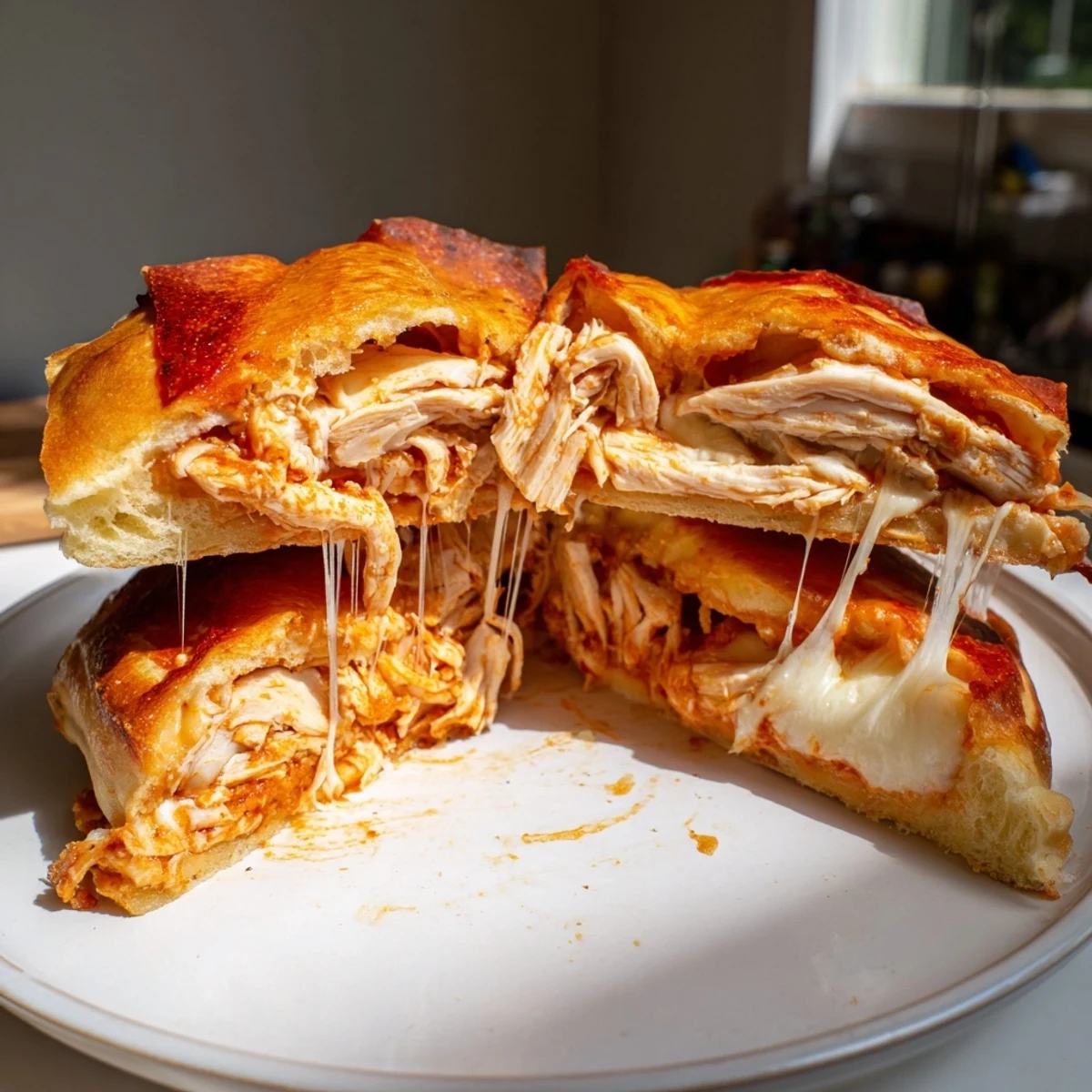 Crispy crusts encase shredded chicken and melted cheese in this scrumptious leftover pizza grilled cheese.
