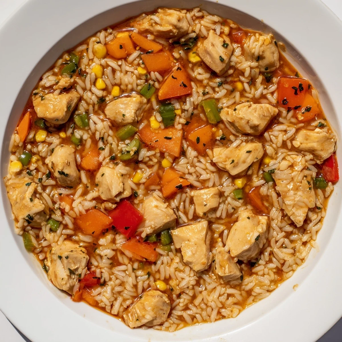 Warm and aromatic One-Pot Chicken and Rice, brimming with colorful vegetables and delicious seasonings in preparation.
