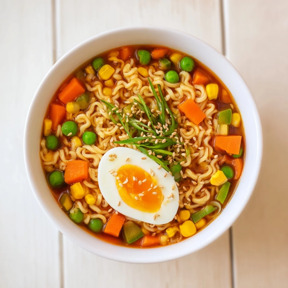 Steaming bowl of ramen upgrade with frozen peas, featuring vibrant greens and soft-boiled egg.