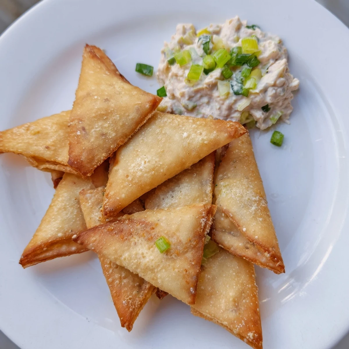 These homemade Air Fryer Lumpia Chips, light and crunchy, alongside a savory, flavorful chicken dip appear.