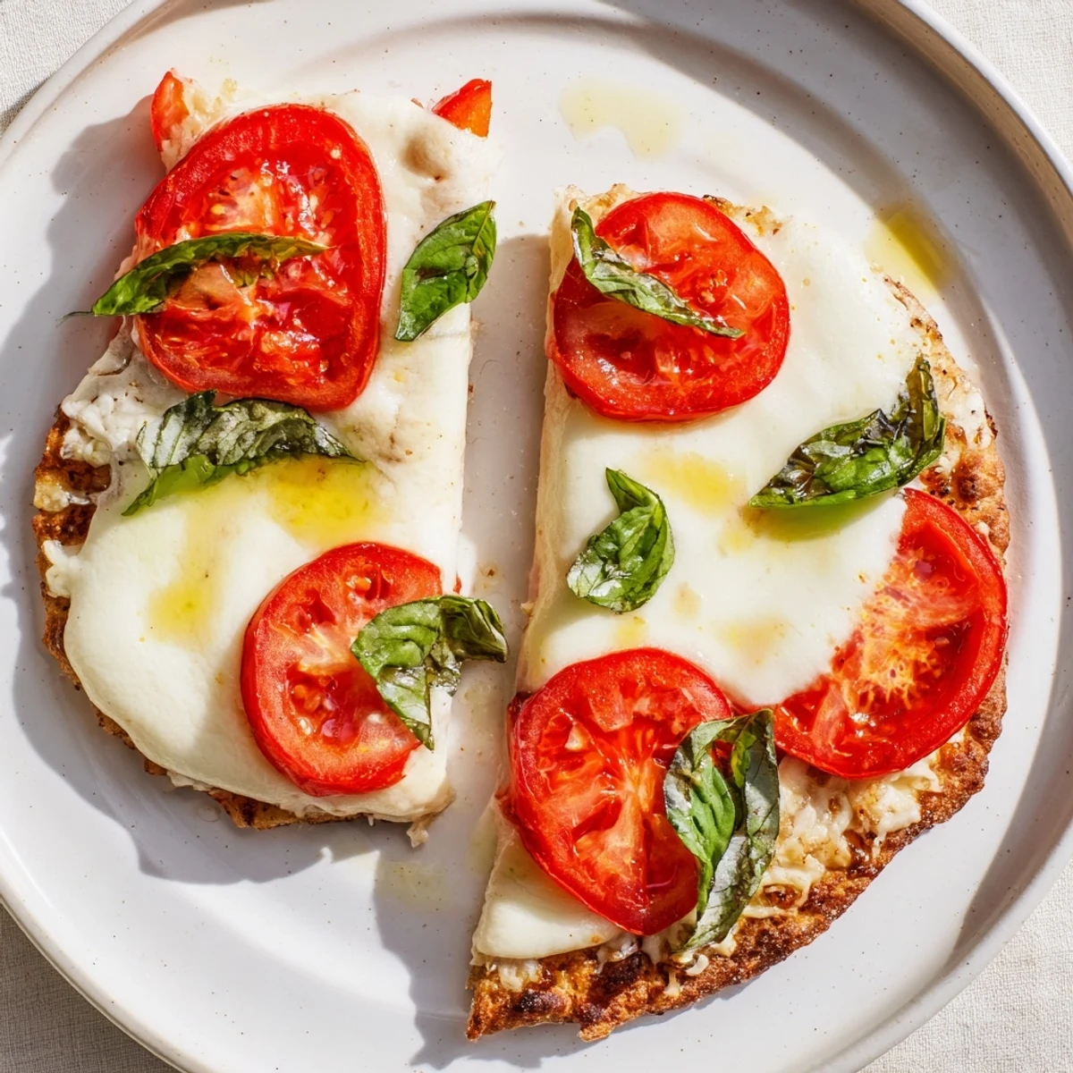 Get ready for Quick Margherita Naan Pizza: a close-up of the bubbly, delicious baked flatbread.