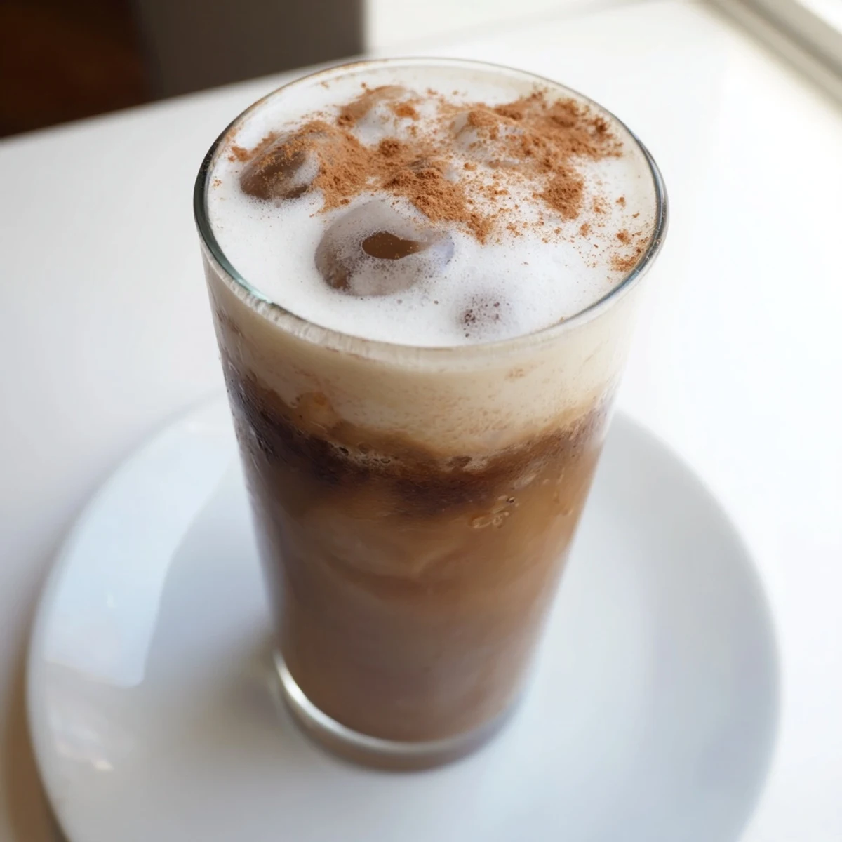 A chilled Iced Brown Sugar Oat Latte, its creamy texture visible, swirled with brown sugar.