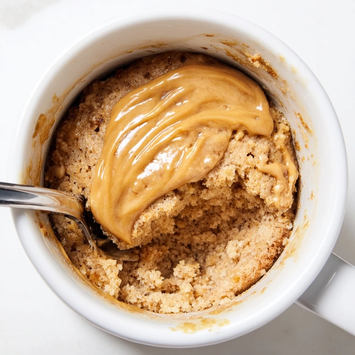 Warm, fluffy 2-Minute Peanut Butter Mug Cake fresh from the microwave; imagine the peanut butter aroma!