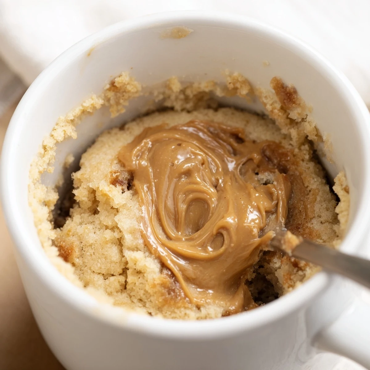 This rich 2-Minute Peanut Butter Mug Cake, ready in minutes, looks delicious with tempting, melted toppings.