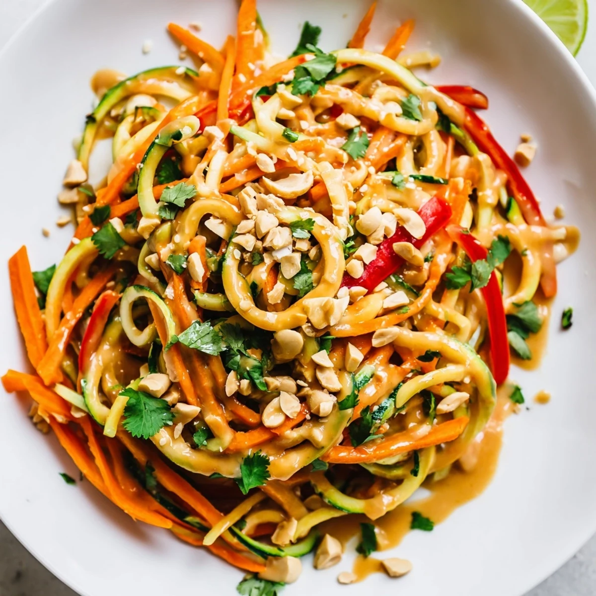 Vibrant Zesty Peanut Zucchini Noodles, a refreshing salad with colorful vegetables and creamy peanut sauce.