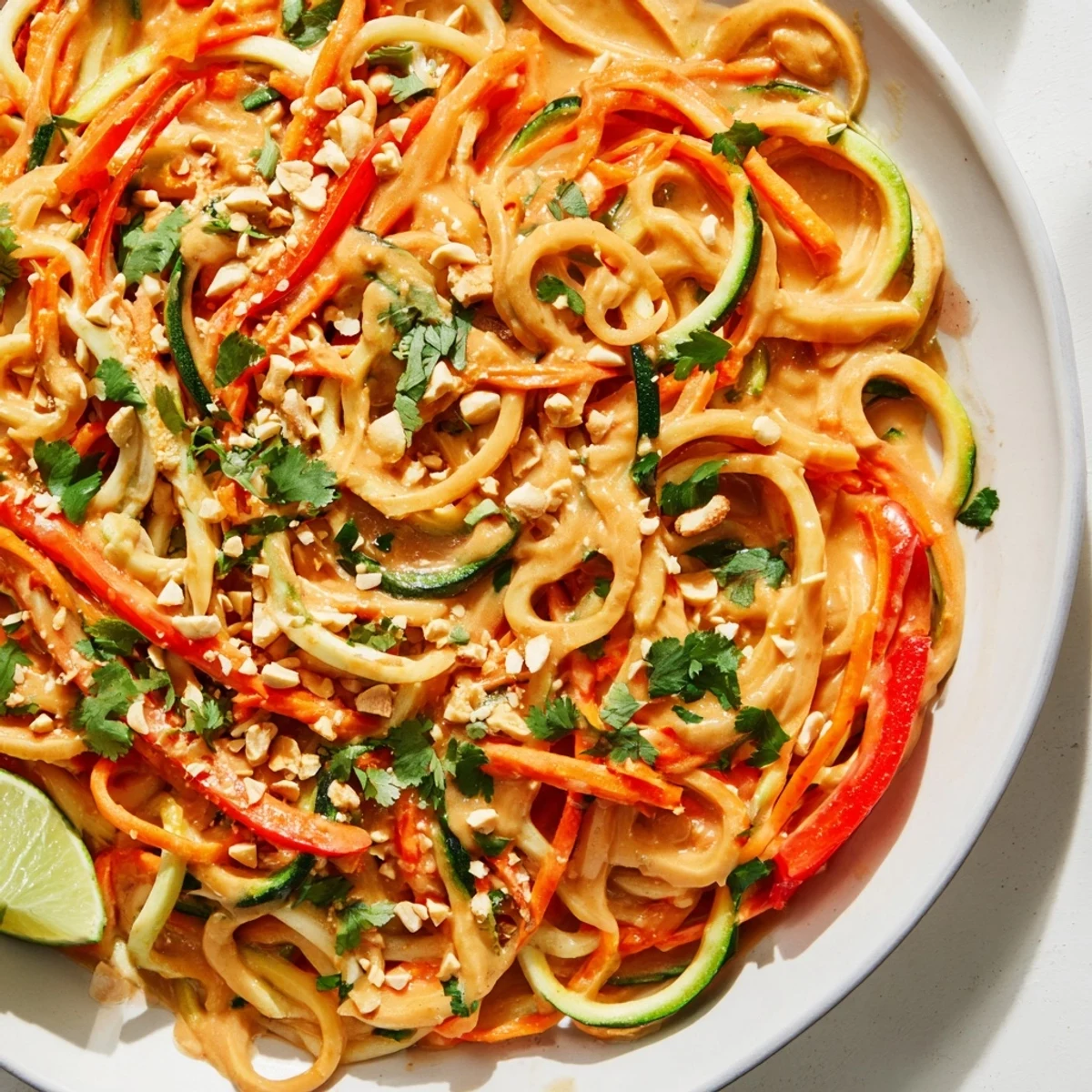 Enjoy a delicious bowl of Zesty Peanut Zucchini Noodles, a light, healthy Asian-inspired vegetarian meal with lime.