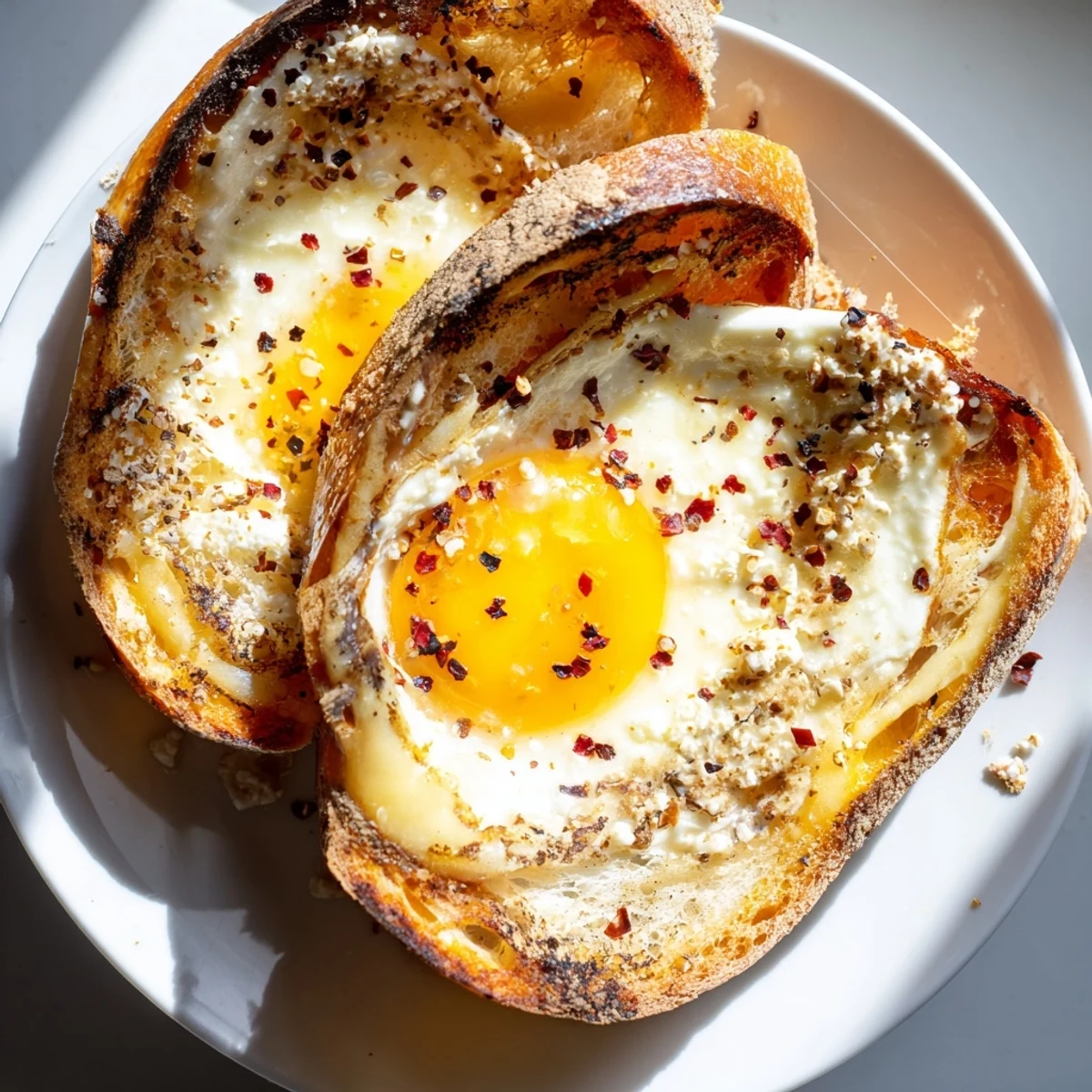 This close-up shows the delicious Feta Fried Eggs Grilled Cheese sizzling from the skillet, ready to eat.