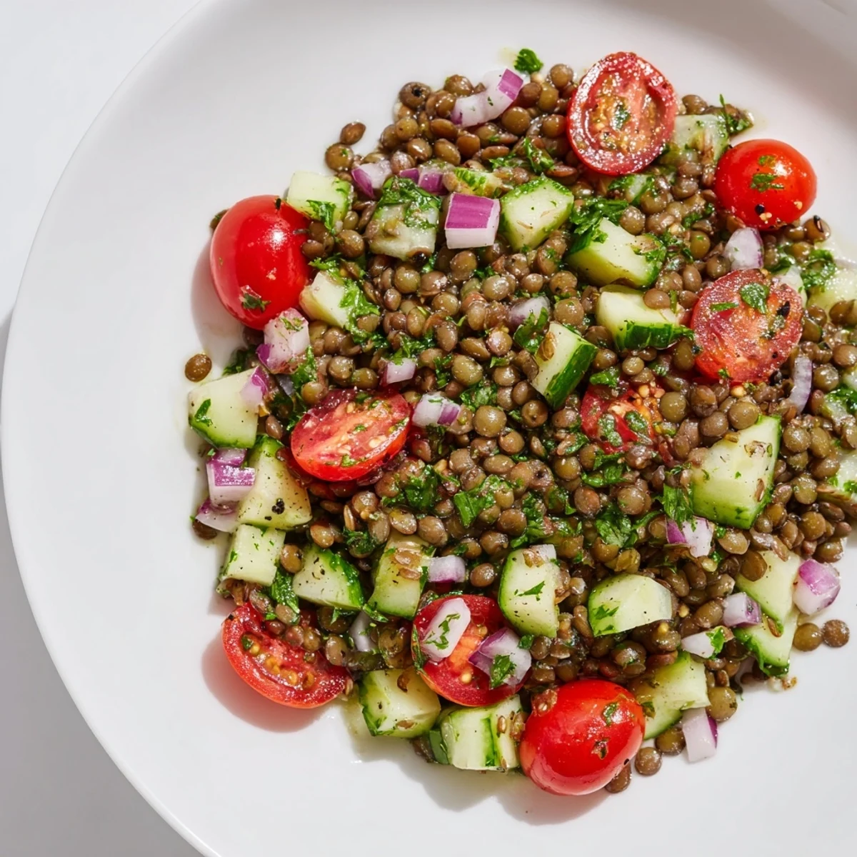 Fresh, flavorful lentil salad, featuring tender lentils dressed with a zesty mustard vinaigrette.