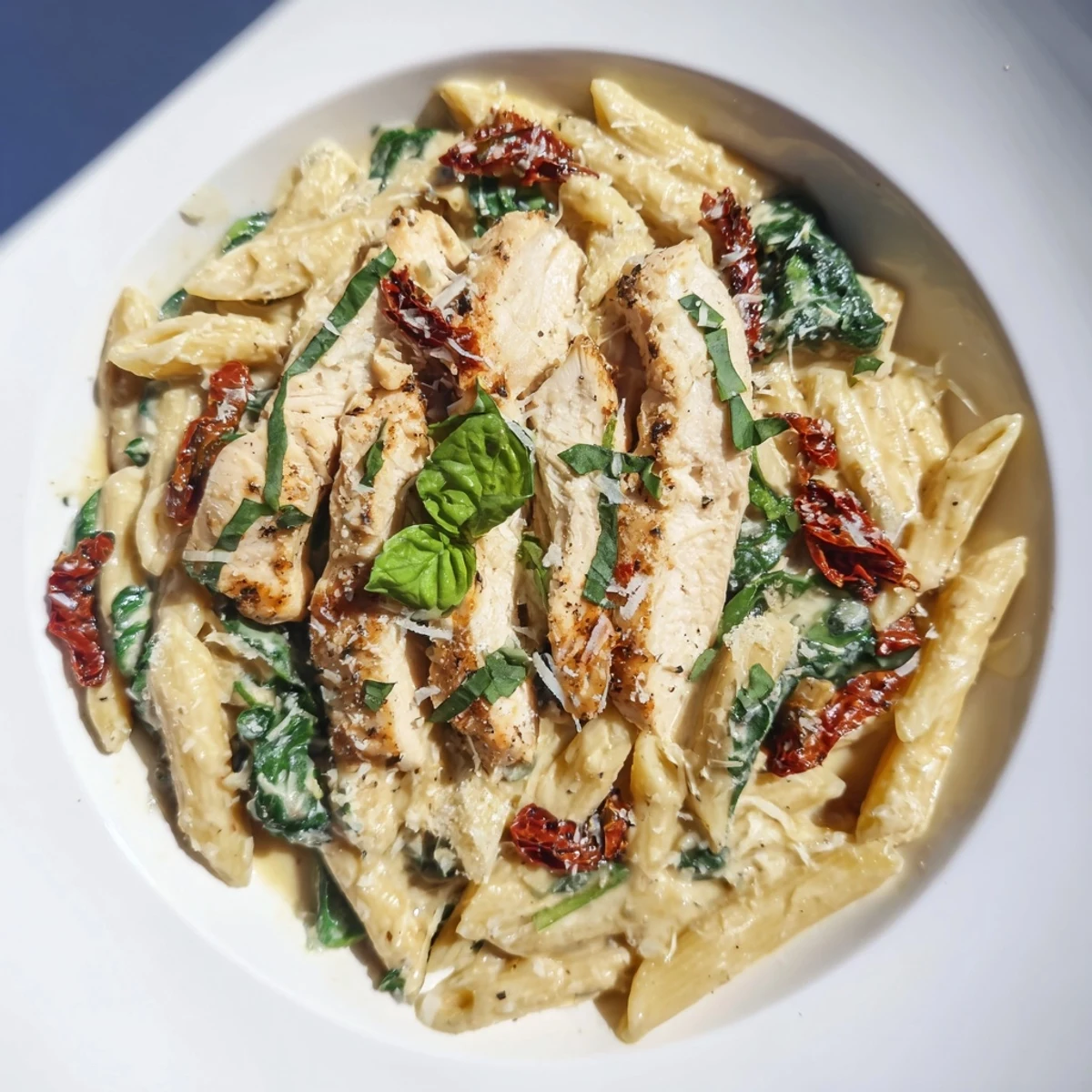 Creamy Tuscan Chicken Pasta with tender chicken, sun-dried tomatoes, and a rich, creamy sauce.