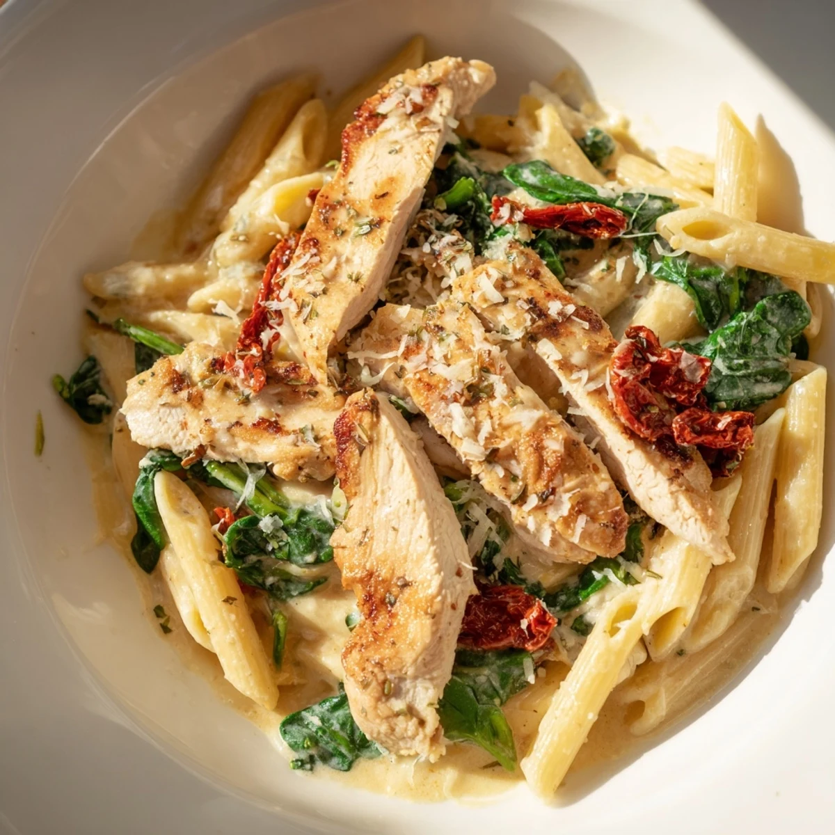 Picture of a delightful bowl of Creamy Tuscan Chicken Pasta, ready to serve and enjoy.