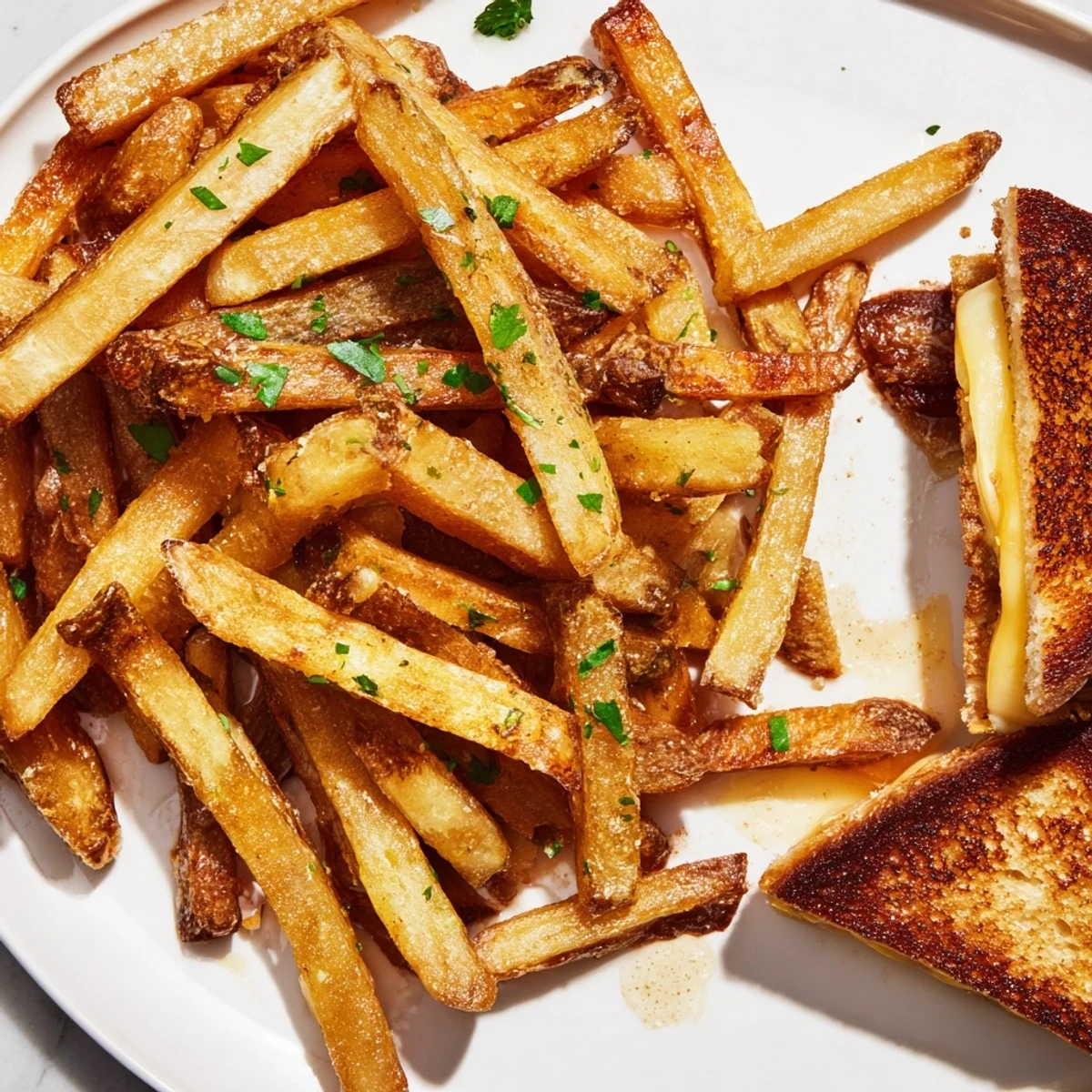 Close-up of golden, ultra-crispy beef tallow french fries beside a perfect grilled cheese sandwich.