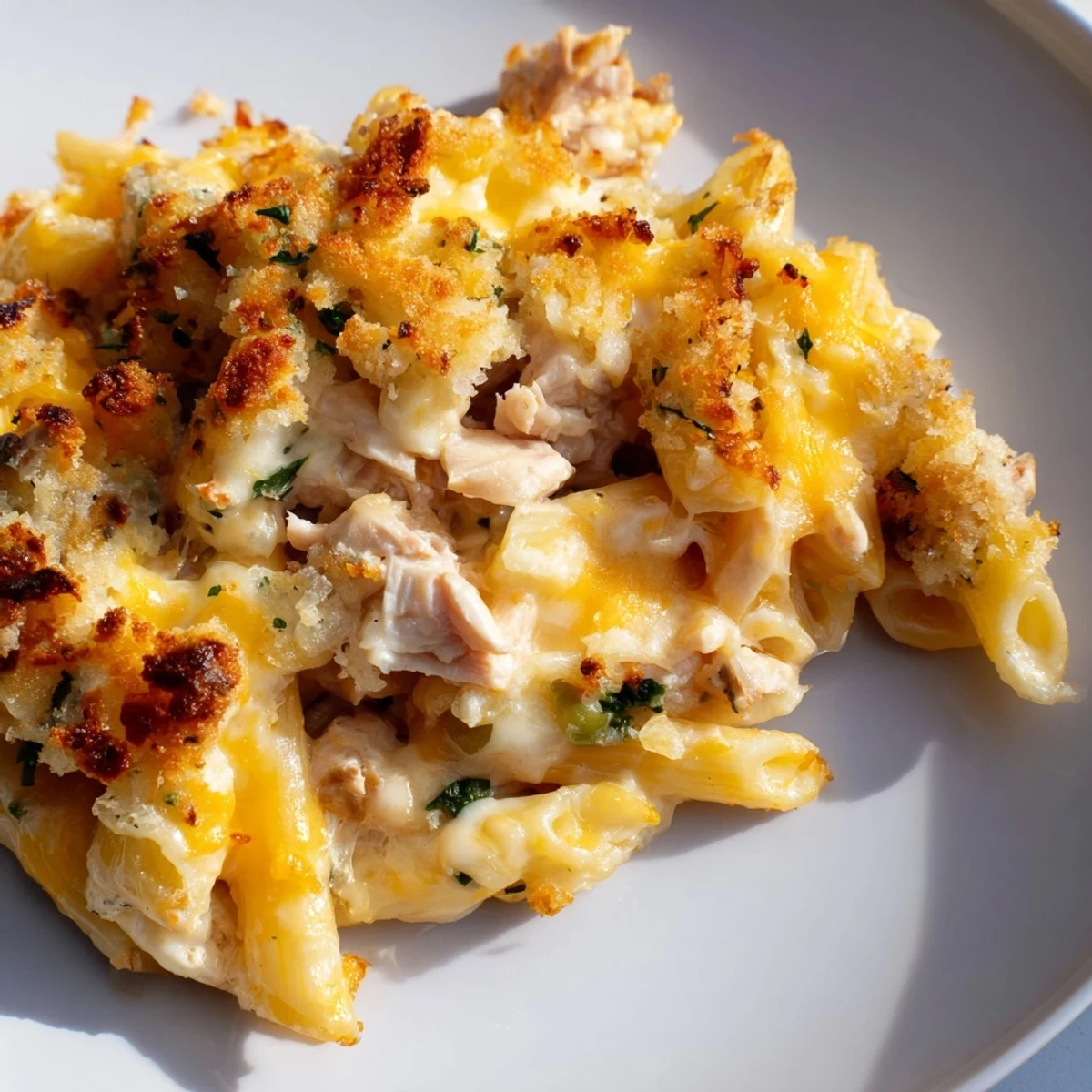 Jalapeño Popper Chicken Pasta, a baked pasta dish with a golden, crispy breadcrumb topping.