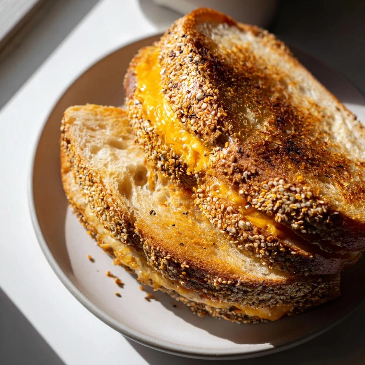 Close-up of a warm everything bagel grilled cheese, the toasted bread sprinkled with tasty seasonings.