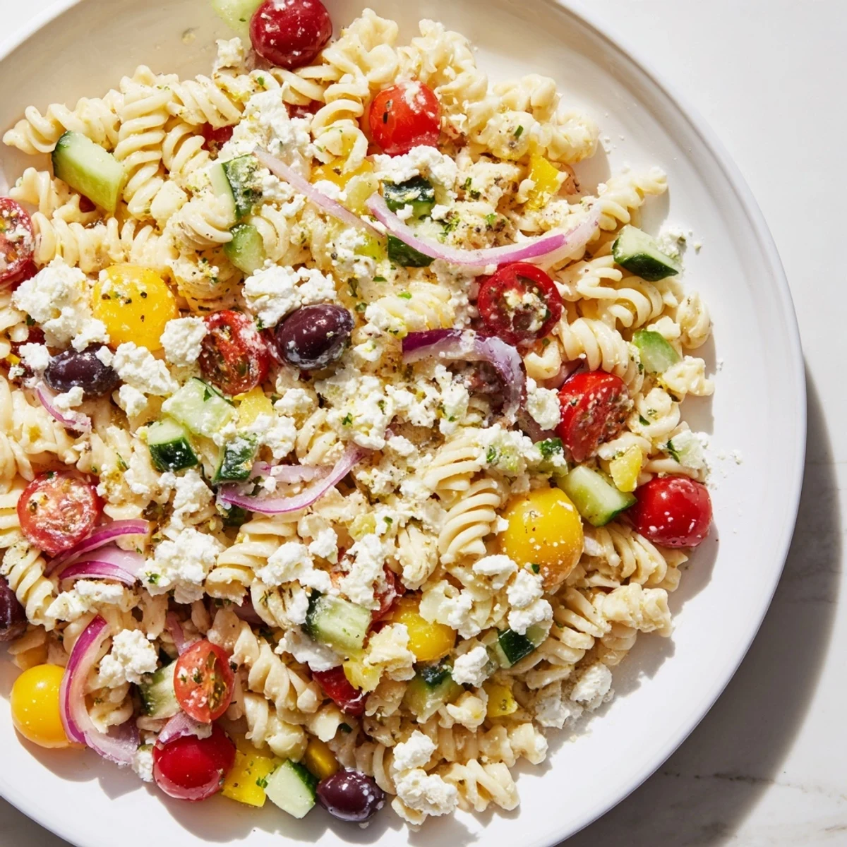 Vibrant photo of Lemon Pasta Salad with fresh herbs, a bright and zesty summer side dish.