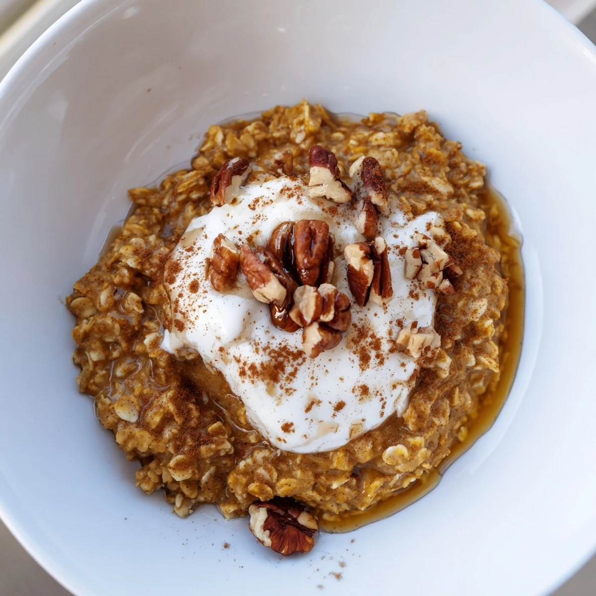 Warm pumpkin spice latte oats, perfect for a cozy breakfast, with hints of pumpkin and spice visible.