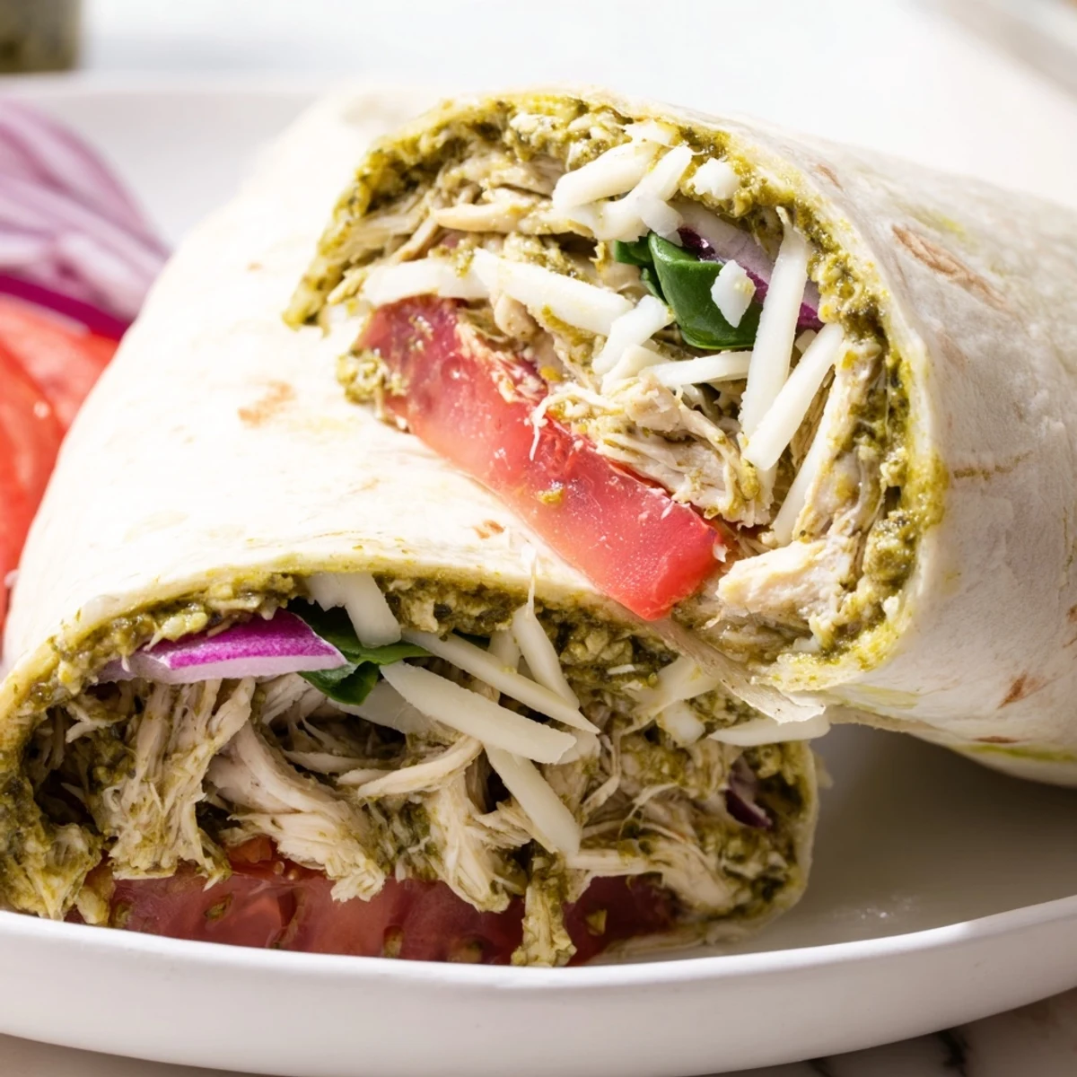 A close-up of a delicious Pesto Chicken Wrap, showcasing vibrant fresh ingredients and a tasty filling.