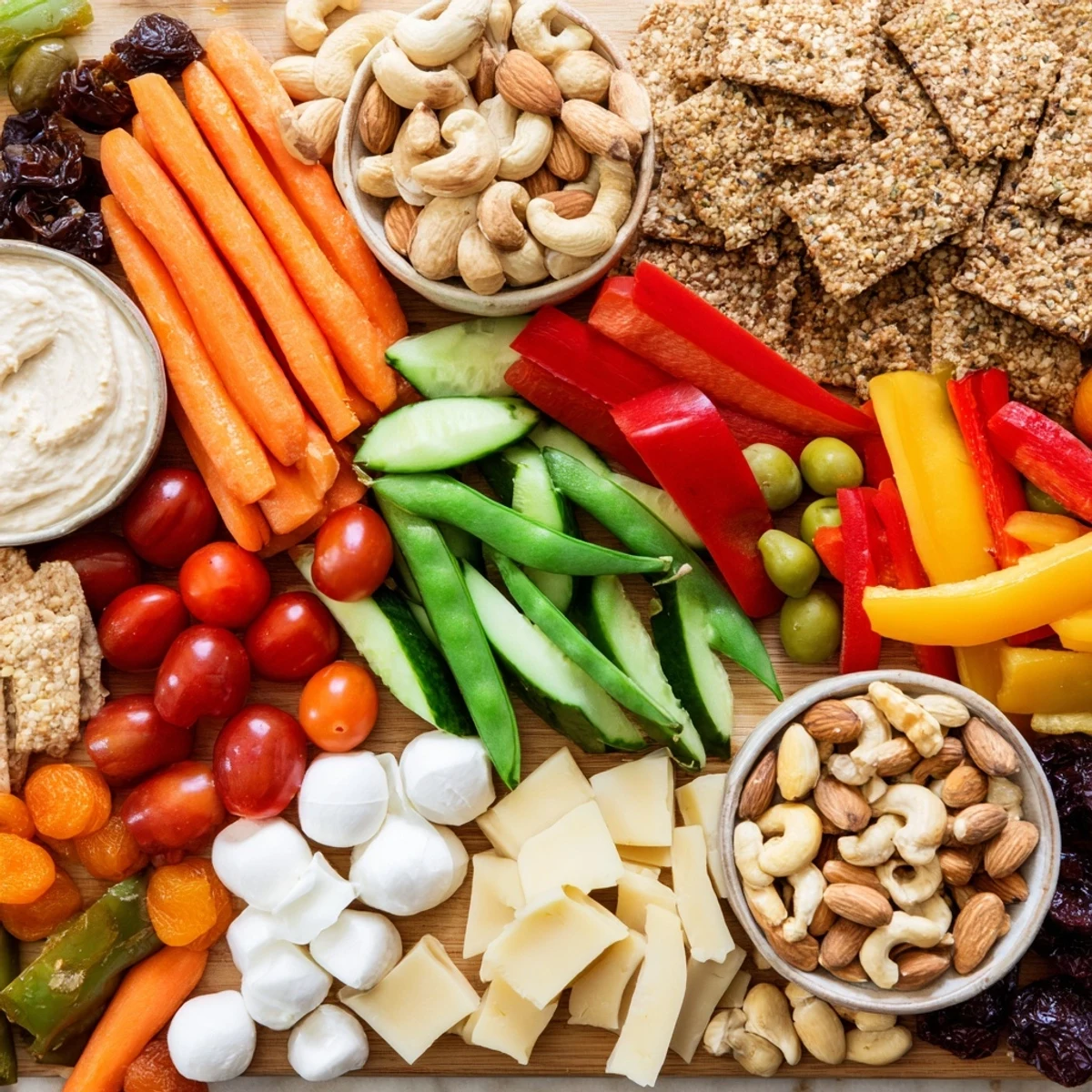 Vibrant Veggie Snack Board, piled high with colorful vegetables and cheese, perfect for lunch.