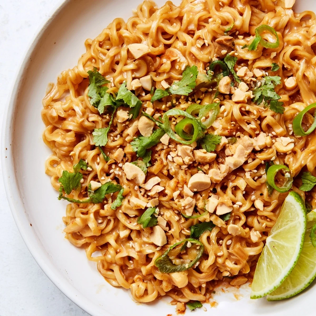 Steaming hot Instant Peanut Thai Sauce Noodles, coated in a rich peanut sauce and ready to eat.