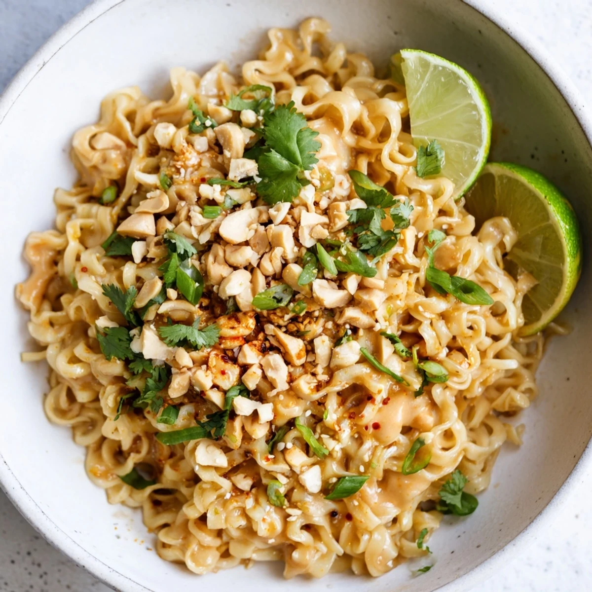 Close-up of vibrant Instant Peanut Thai Sauce Noodles, with chopped peanuts and fresh cilantro garnish.