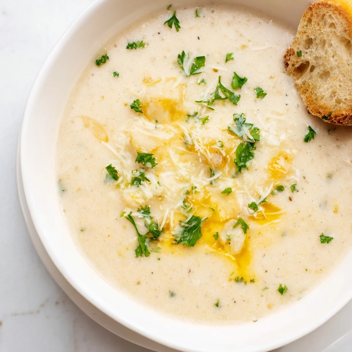 Close-up of a bubbling creamy garlic bread soup with toasted bread croutons for texture.