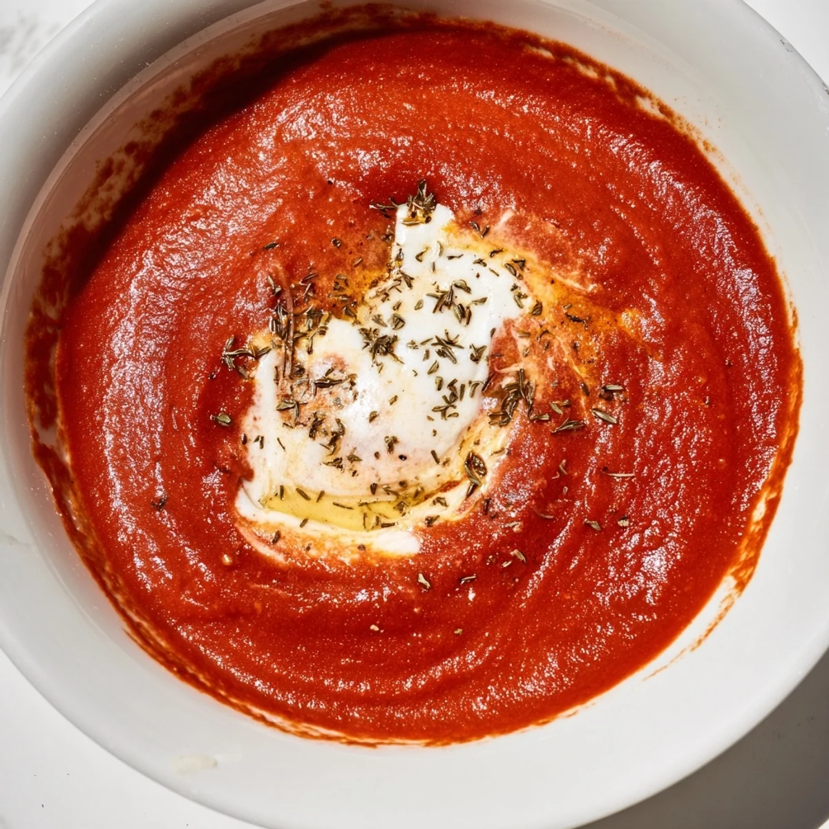 A close-up of the rich, red Instant Creamy Marinara Hack, swirled with butter and savory spices perfectly blended.