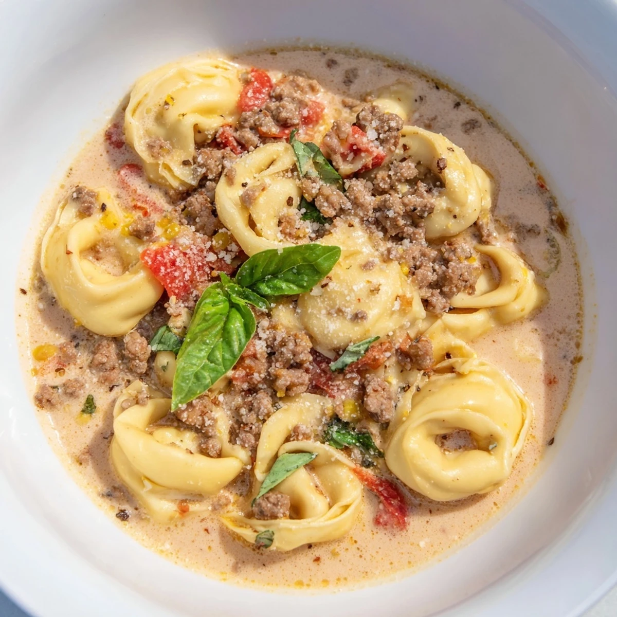 Steaming bowl of Tortellini Beef Soup, brimming with tender tortellini and flavorful broth, ready to enjoy.