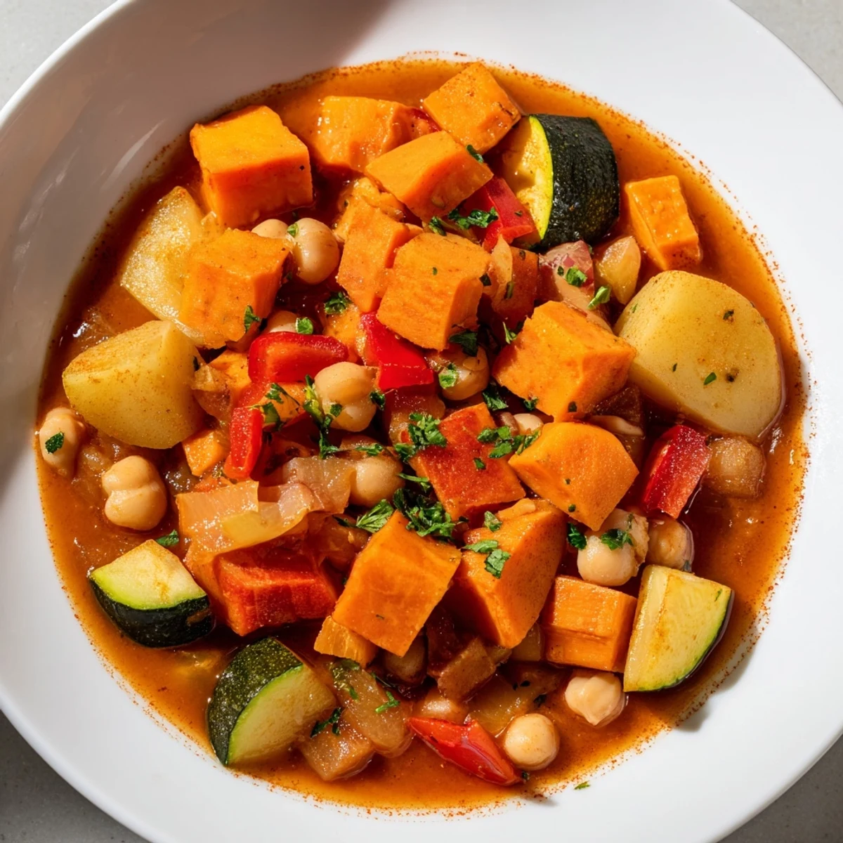 This delicious Hearty Vegan Sweet Potato Stew has tender vegetables, creamy beans, and savory herbs.