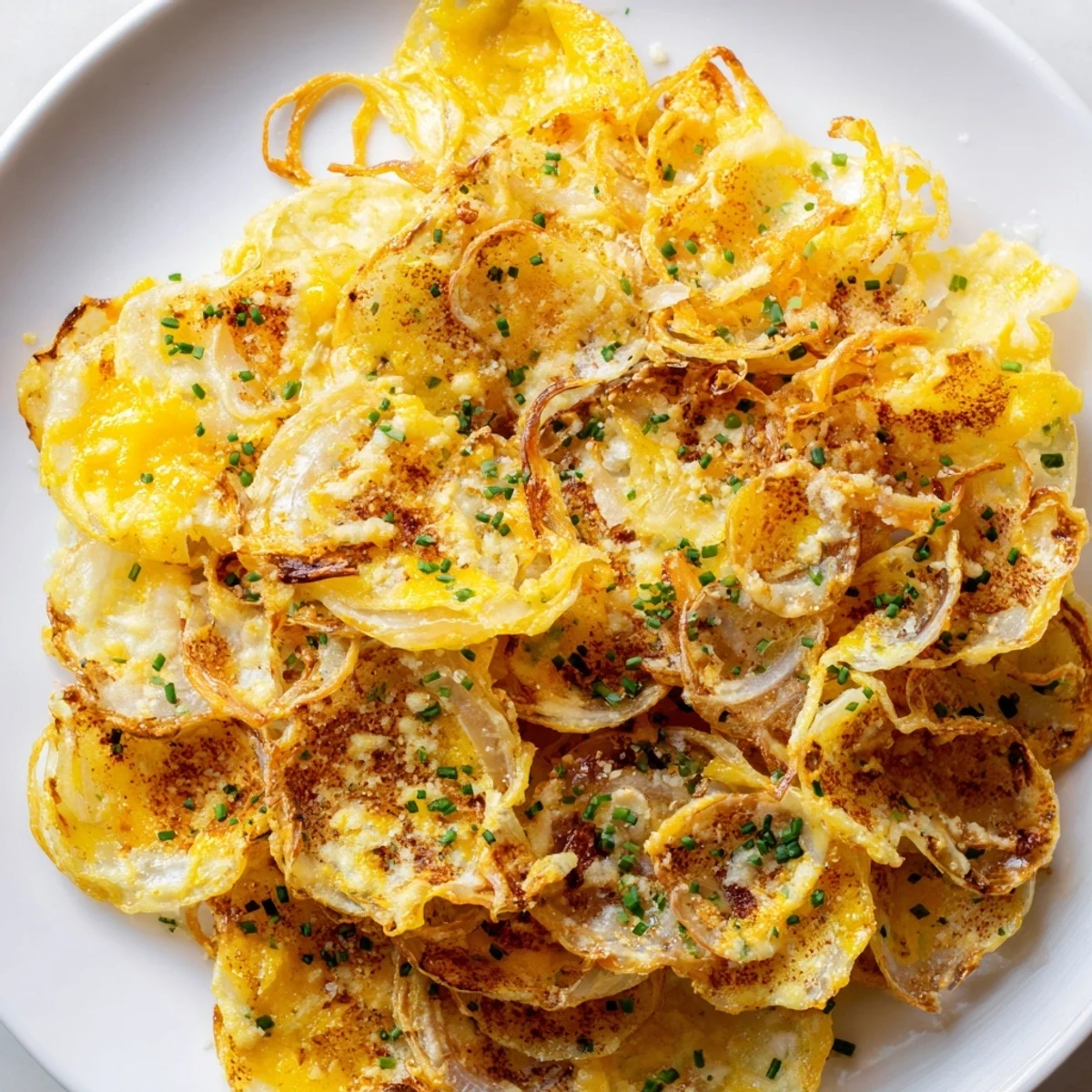 Golden-brown Crispy Onion Cheese Chips, a low-carb treat with melted cheddar and mozzarella cheese.