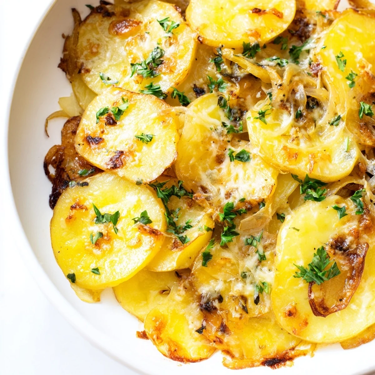 Close-up of golden French Onion Soup Potatoes, a comforting side dish with crispy potatoes and cheese topping.