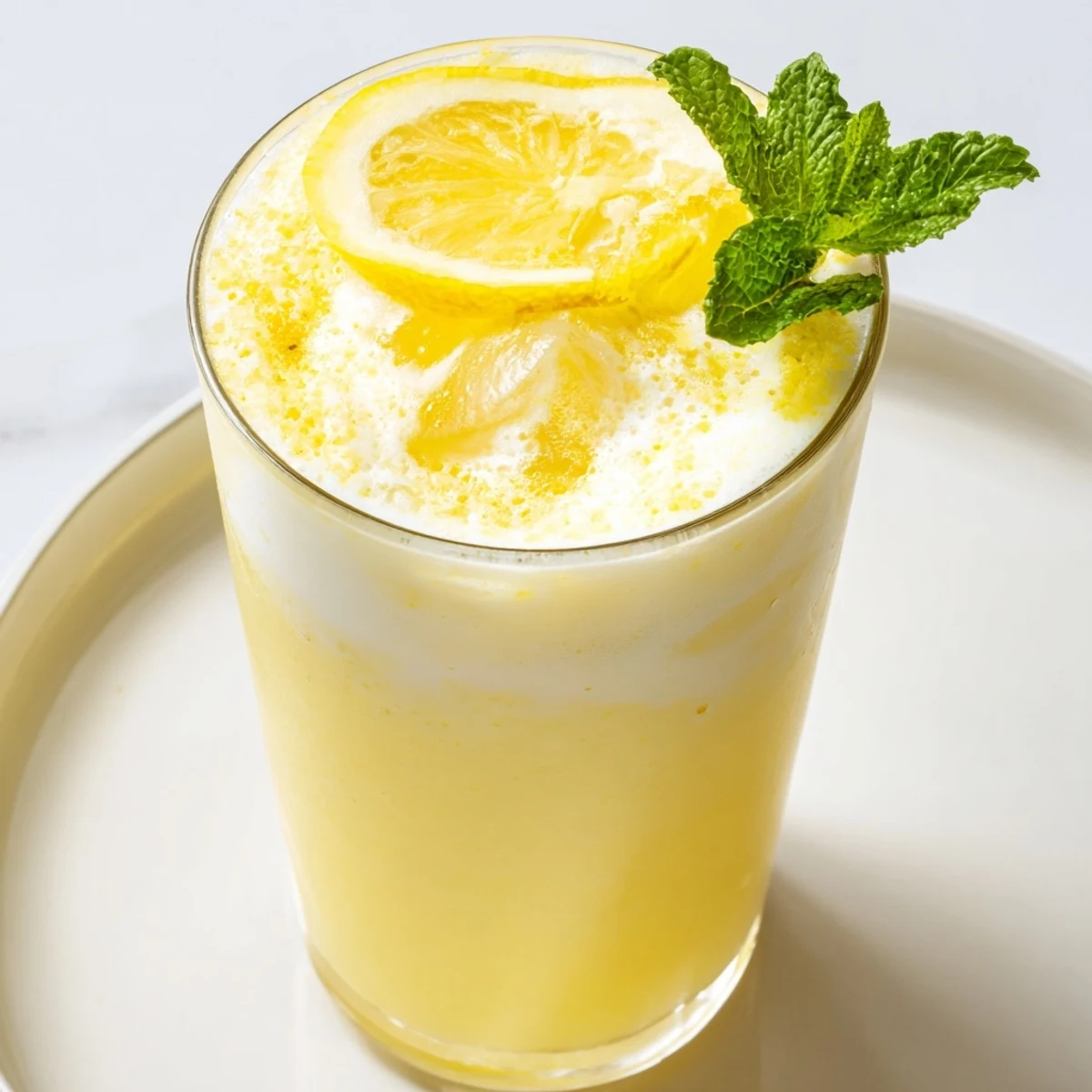 Refreshing creamy lemonade drink swirled with a beautiful, thick texture, ready to serve with ice.