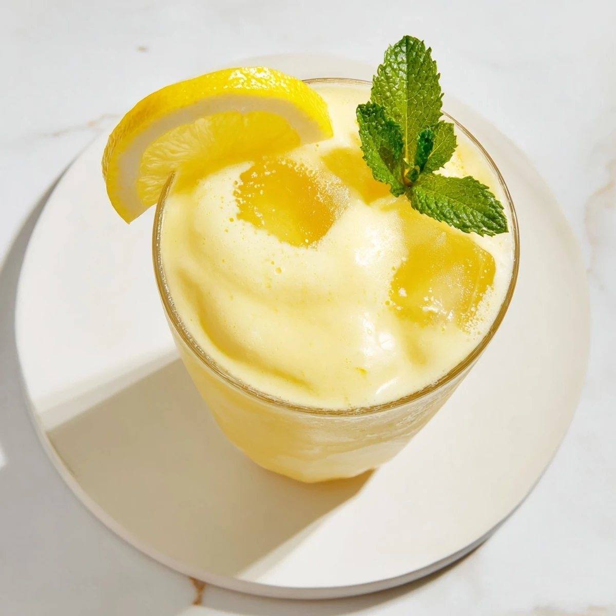 This homemade creamy lemonade drink showcases a bright yellow beverage, garnished with fresh lemon slices.