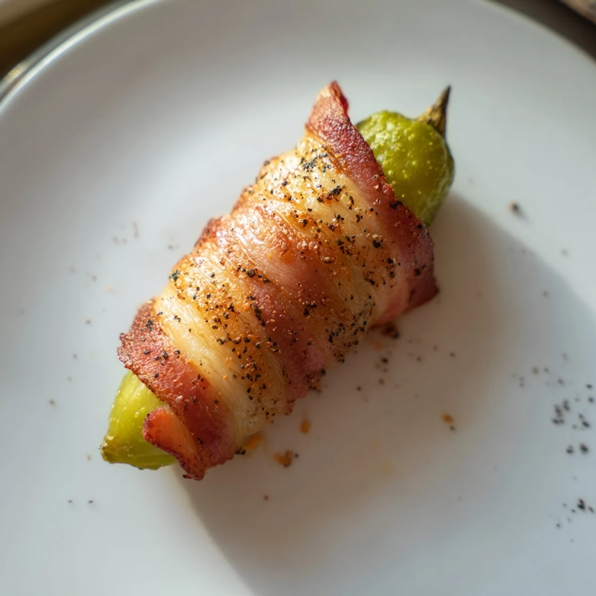 Crispy, golden-brown bacon-wrapped pickles, a savory appetizer ready to eat with dipping sauce.