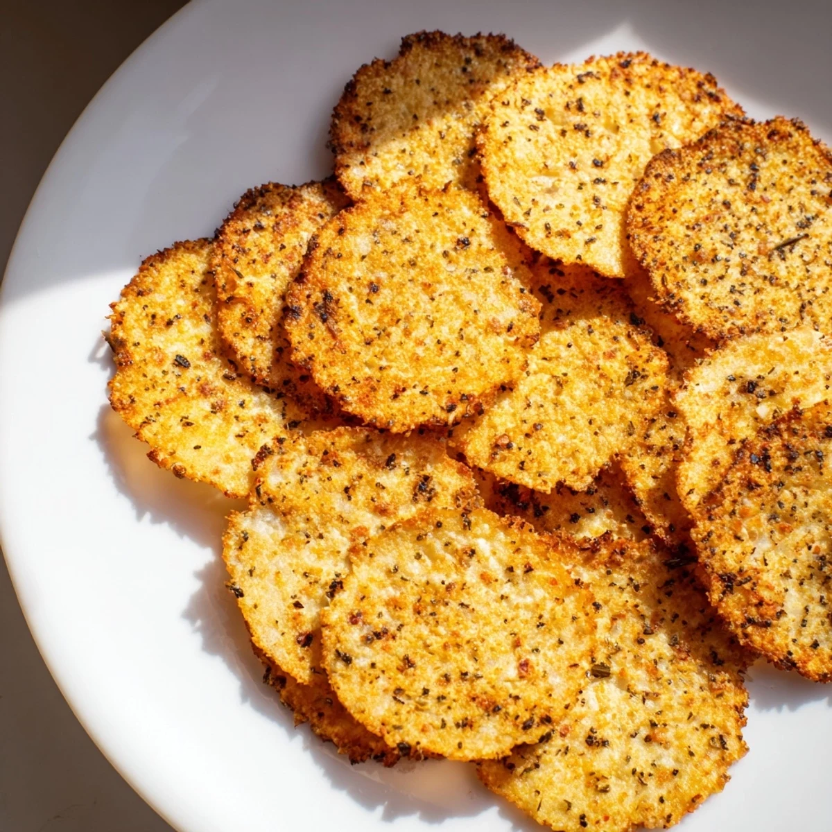 Golden, crispy cottage cheese chips, seasoned to perfection, ready for a satisfying, protein-rich snack.